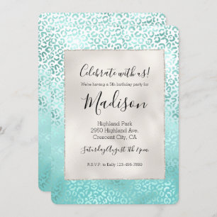 Girly Mint White Glam Ombre Leopard Print Invitation
