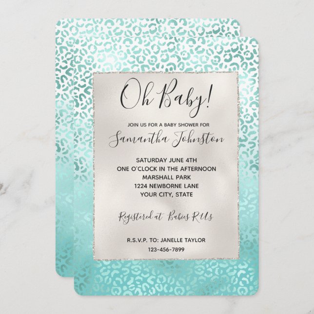Girly Mint White Glam Ombre Leopard Print Invitation (Front/Back)