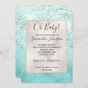 Girly Mint White Glam Ombre Leopard Print Invitation