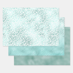 Girly Mint White Glam Ombre Leopard Print Wrapping Paper Sheets