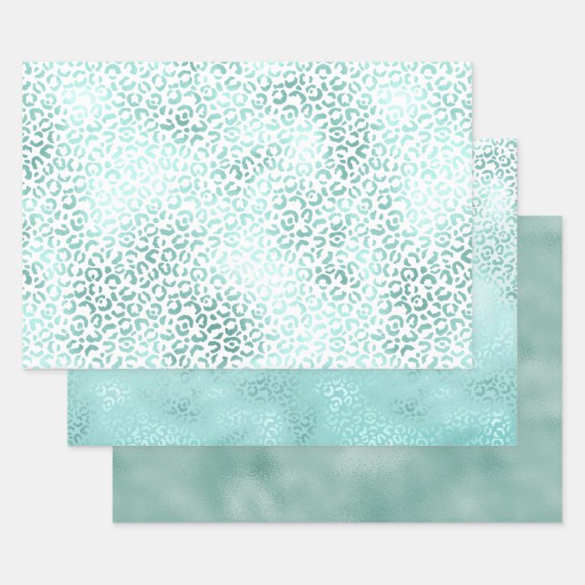 Girly Mint White Glam Ombre Leopard Print Wrapping Paper Sheets (Set)