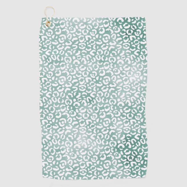 Girly Mint White Leopard Print Golf Towel (Front)