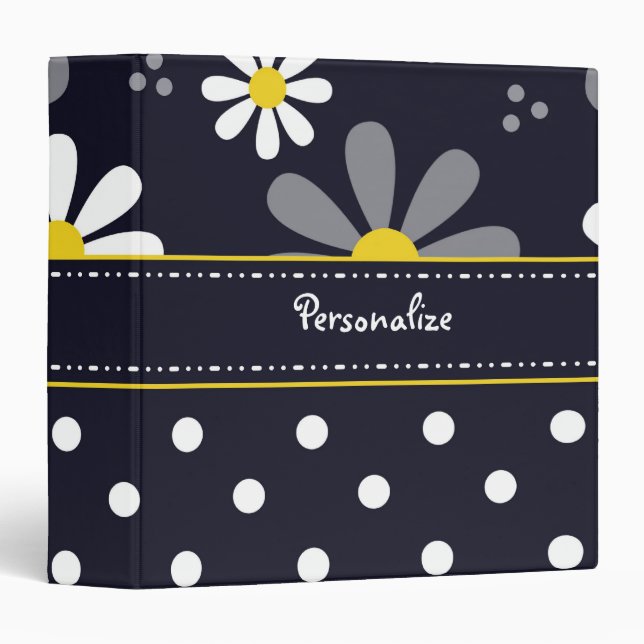 Girly Mod Daisies and Polka Dots With Name 3 Ring Binder (Front/Spine)