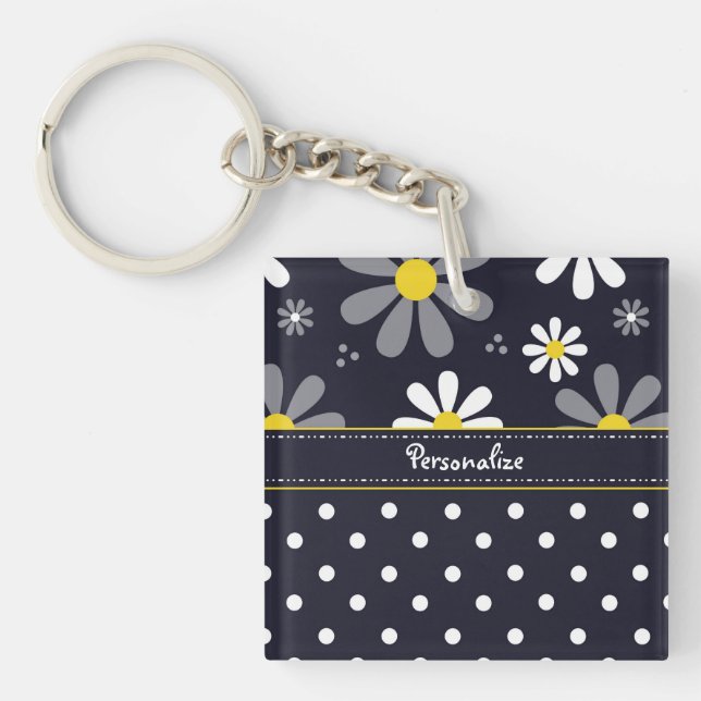 Girly Mod Daisies and Polka Dots With Name Keychain (Front)