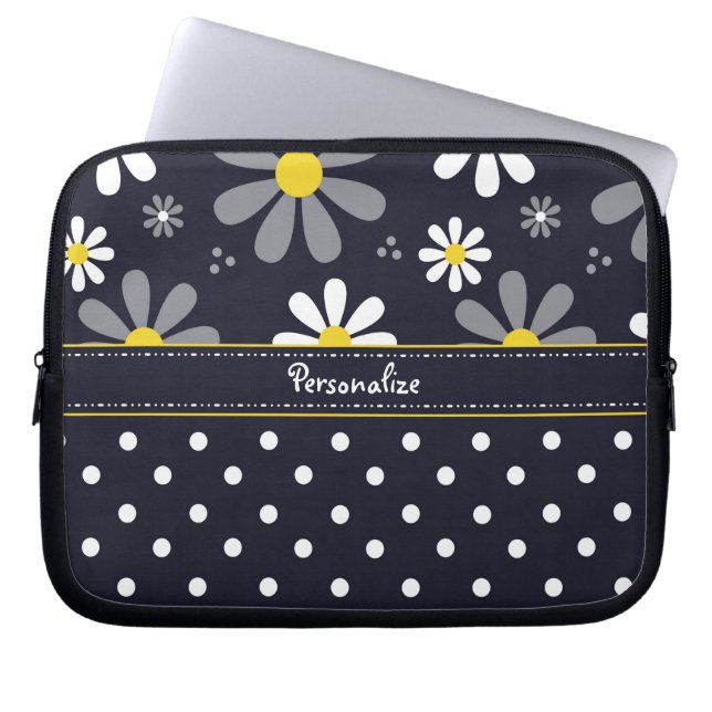 Girly Mod Daisies and Polka Dots With Name Laptop Sleeve (Front)