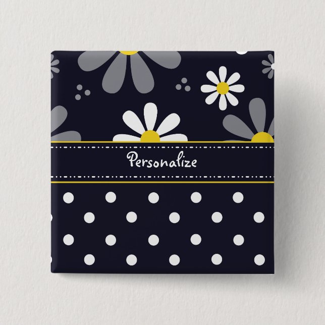 Girly Mod Daisies and Polka Dots With Name Pinback Button (Front)