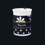 Girly Mod Daisies and Polka Dots With Name Pitcher<br><div class="desc">A pitcher with a girly retro mod flower pattern on the top with white daisies with yellow centers against a navy blue background,  and a trendy blue and white polka dot pattern on the bottom. Personalize by adding your name. Perfect present for a stylish girly girl.</div>