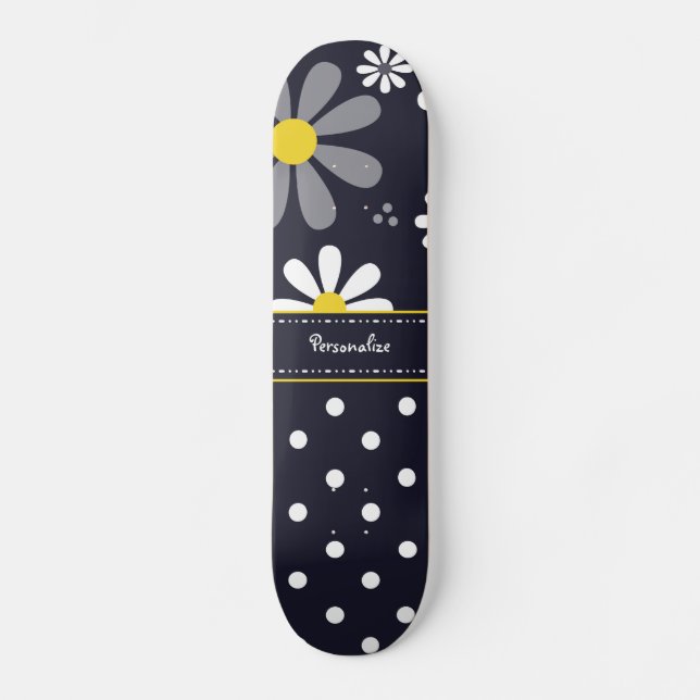 Girly Mod Daisies and Polka Dots With Name Skateboard (Front)