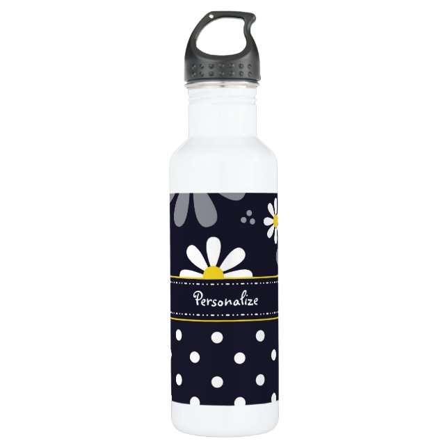 Girly Mod Daisies and Polka Dots With Name Water Bottle (Front)