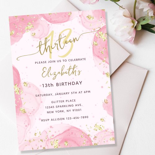 Girly Modern Abstract Pink Ink Faux Gold Glitter Invitation