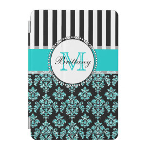 Girly Modern Aqua Teal Glitter Damask Personalized iPad Mini Cover