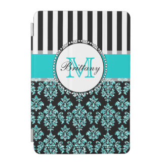Girly Modern Aqua Teal Glitter Damask Personalized iPad Mini Cover