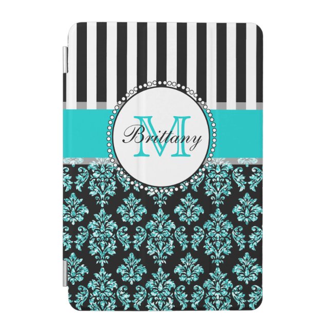 Girly Modern Aqua Teal Glitter Damask Personalized iPad Mini Cover (Front)