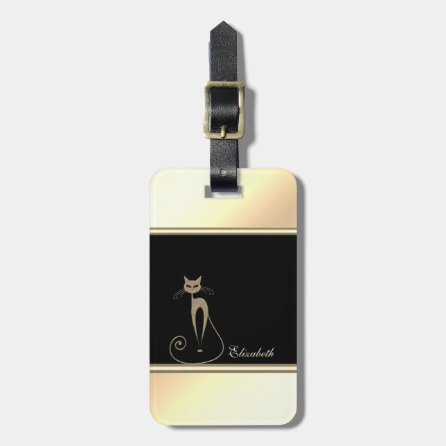 Girly Modern Black,Gold ,Cat-Personalized Luggage Tag (Front Vertical)