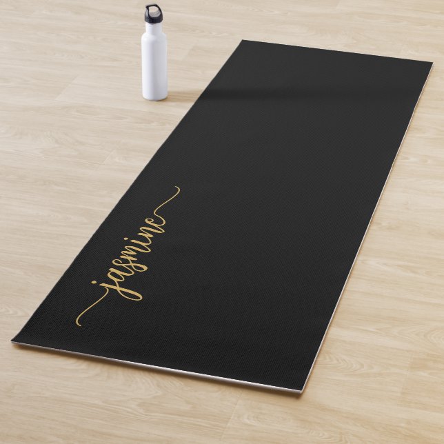 Girly Modern Black Gold Monogram Name Script Yoga Mat (In Situ)