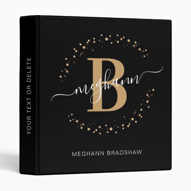  Girly Modern Black Gold Name Monogram Business 3 Ring Binder (Front/Spine)