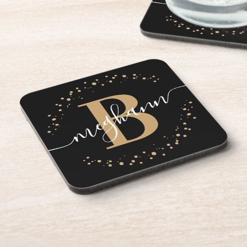 Girly Modern Black Gold Name Script Monogrammed Beverage Coaster