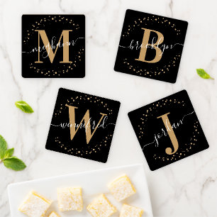 Girly Modern Black Gold Name Script Monogrammed Coaster Set