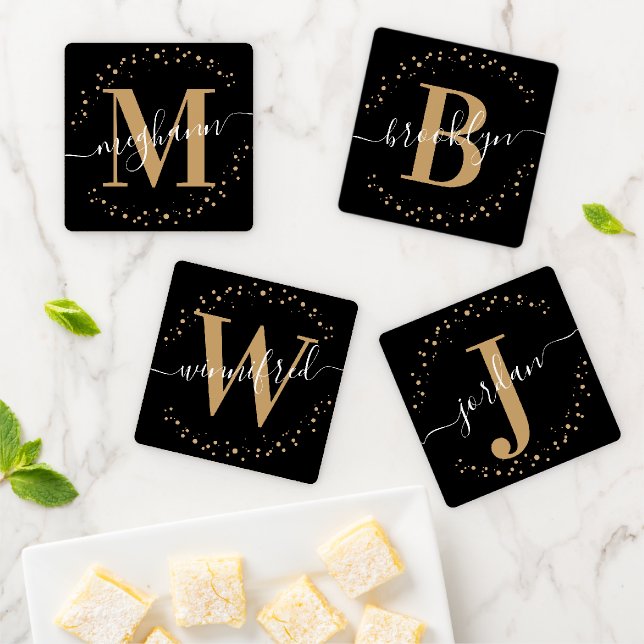 Girly Modern Black Gold Name Script Monogrammed Coaster Set (In Situ)