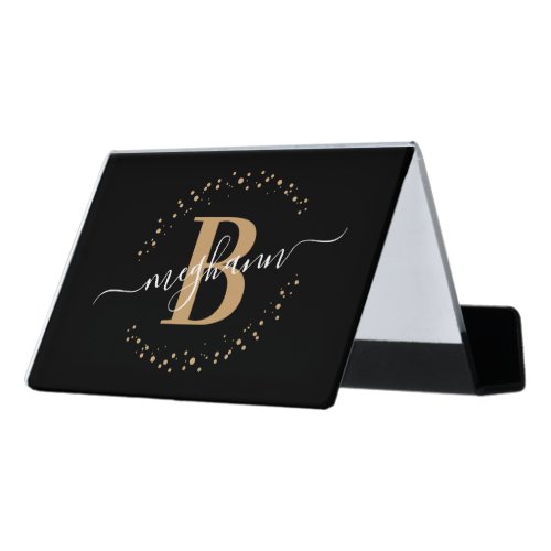 Girly Modern Black Gold Name Script Monogrammed Desk Business Card Holder