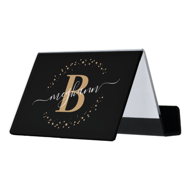 Girly Modern Black Gold Name Script Monogrammed Desk Business Card Holder (Angled Back)