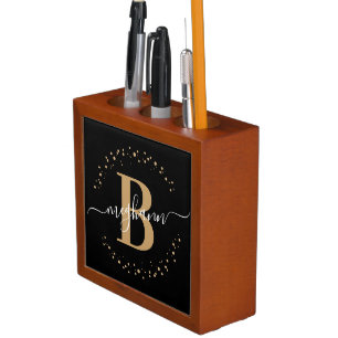 Girly Modern Black Gold Name Script Monogrammed Desk Organizer