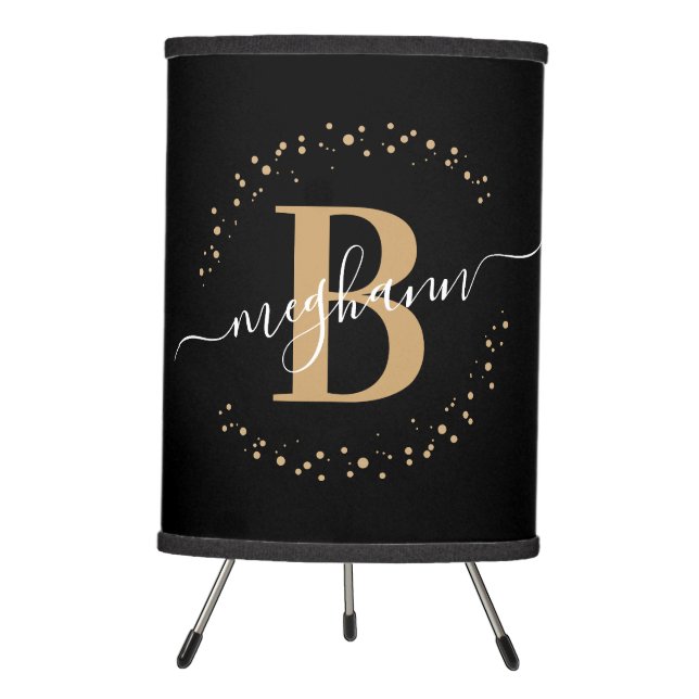 Girly Modern Black Gold Name Script Monogrammed Tripod Lamp (Front)