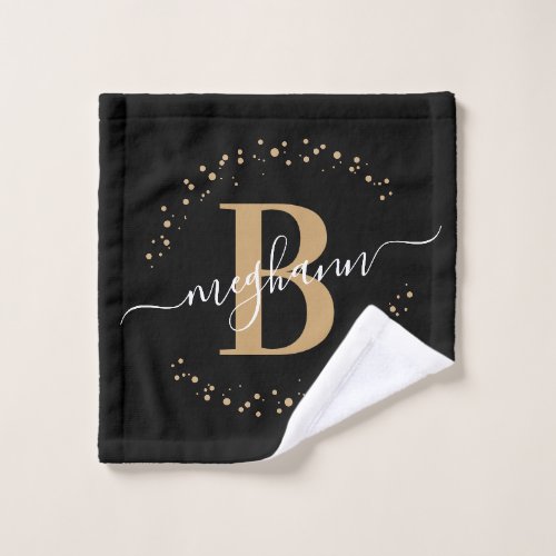 Girly Modern Black Gold Name Script Monogrammed Wash Cloth