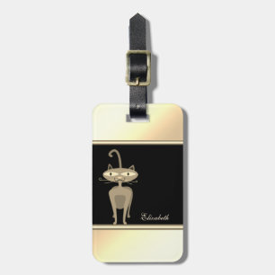 Girly Modern Black,Gold,Whimsical Cat-Personalized Luggage Tag