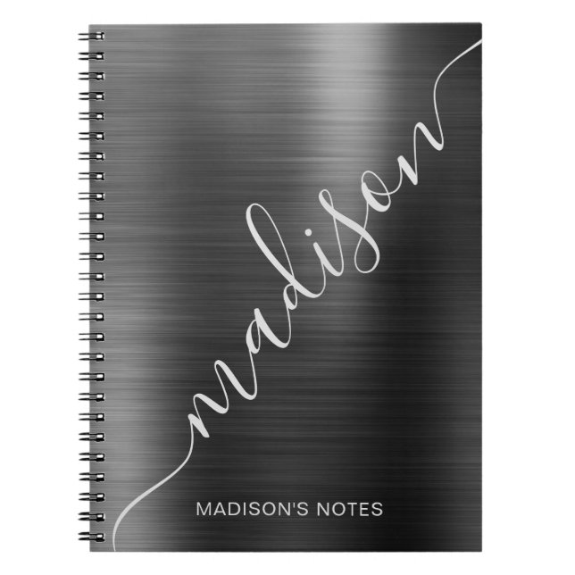 Girly Modern Black Metallic Monogram Signature Notebook (Front)