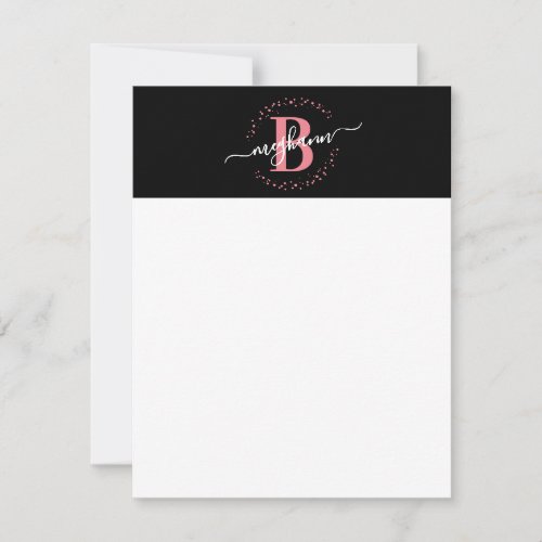 Girly Modern Black Pink Name Script Monogrammed  Note Card