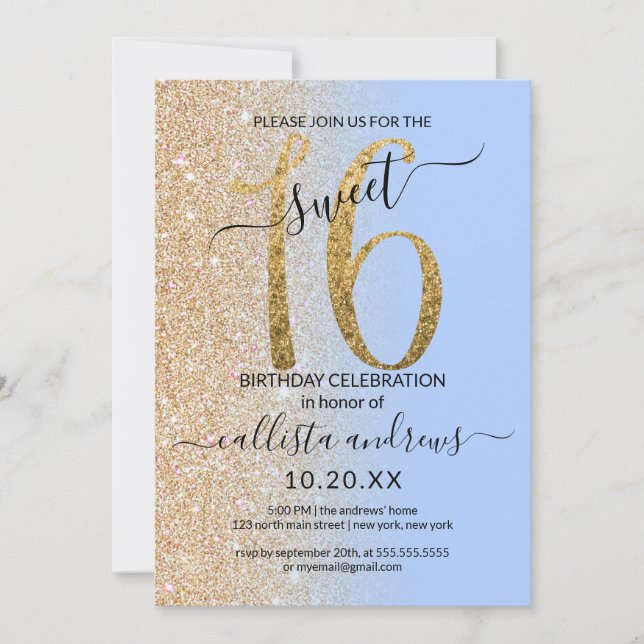 Girly Modern Blue Gold Glitter Ombre Sweet 16 Invitation (Front)