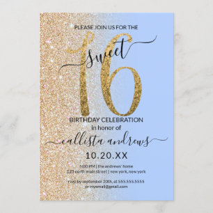 Girly Modern Blue Gold Glitter Ombre Sweet 16 Invitation