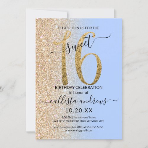 Girly Modern Blue Gold Glitter Ombre Sweet 16 Invitation