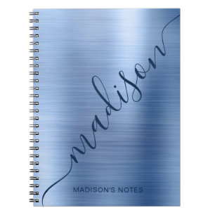 Girly Modern Blue Metal Monogram Signature Script Notebook