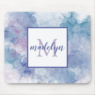 Girly Modern Blue Pink Watercolor Monogram Name Mouse Pad