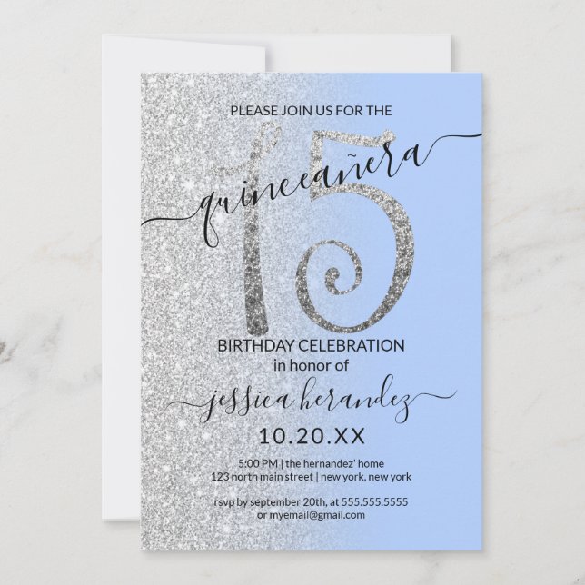 Girly Modern Blue Silver Glitter Ombre Quinceañera Invitation (Front)