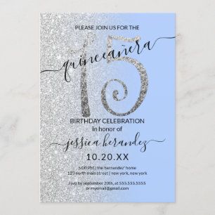 Girly Modern Blue Silver Glitter Ombre Quinceañera Invitation