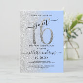 Girly Modern Blue Silver Glitter Ombre Sweet 16 Invitation (Standing Front)