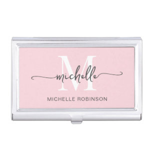 Girly Modern Blush Monogram Name Script Business Card Case