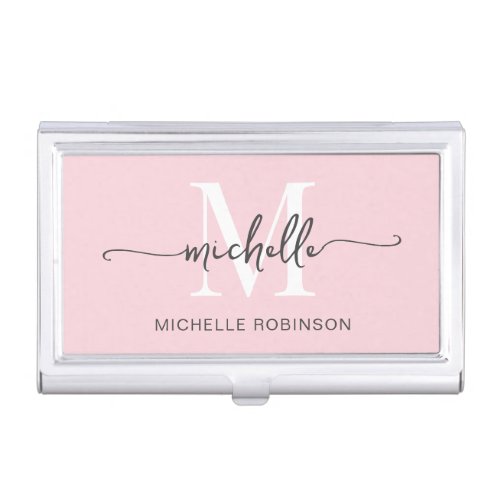 Girly Modern Blush Monogram Name Script Business Card Case