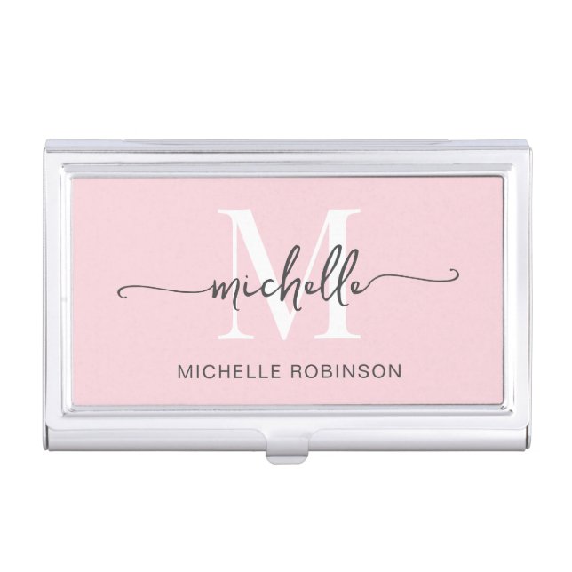 Girly Modern Blush Monogram Name Script Business Card Case (Front)