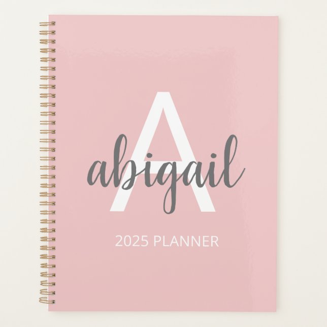 Girly Modern Blush Pink Monogram Name 2025 Planner (Front)