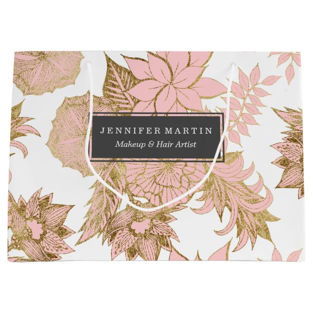 Girly Modern Blush Pink White Gold Floral Large Gift Bag (Front)