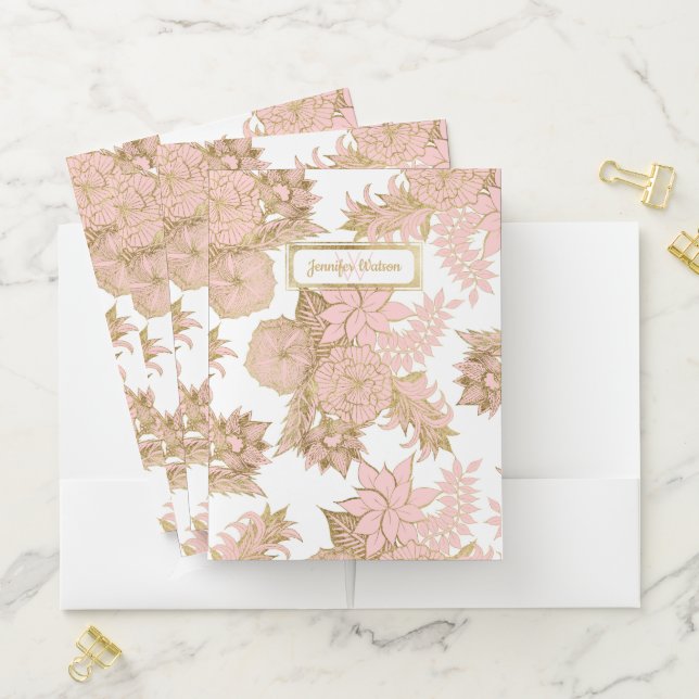 Girly Modern Blush Pink White Gold Floral Monogram Pocket Folder (In Situ)