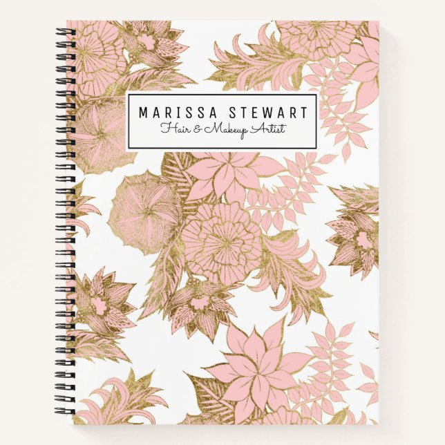 Girly Modern Blush Pink White Gold Floral Notebook (Front)