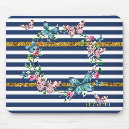 Girly Modern Chic Butterflies  Stripes Mouse Pad