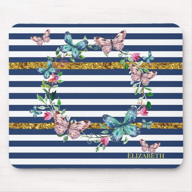 Girly Modern Chic Butterflies  Stripes Mouse Pad (Front)