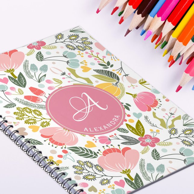 Girly modern chic floral pink monogrammed name notebook (Creator Uploaded)