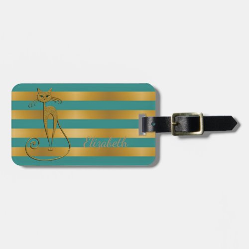 Girly Modern ChicGlittery Cat _Stripes Luggage Tag